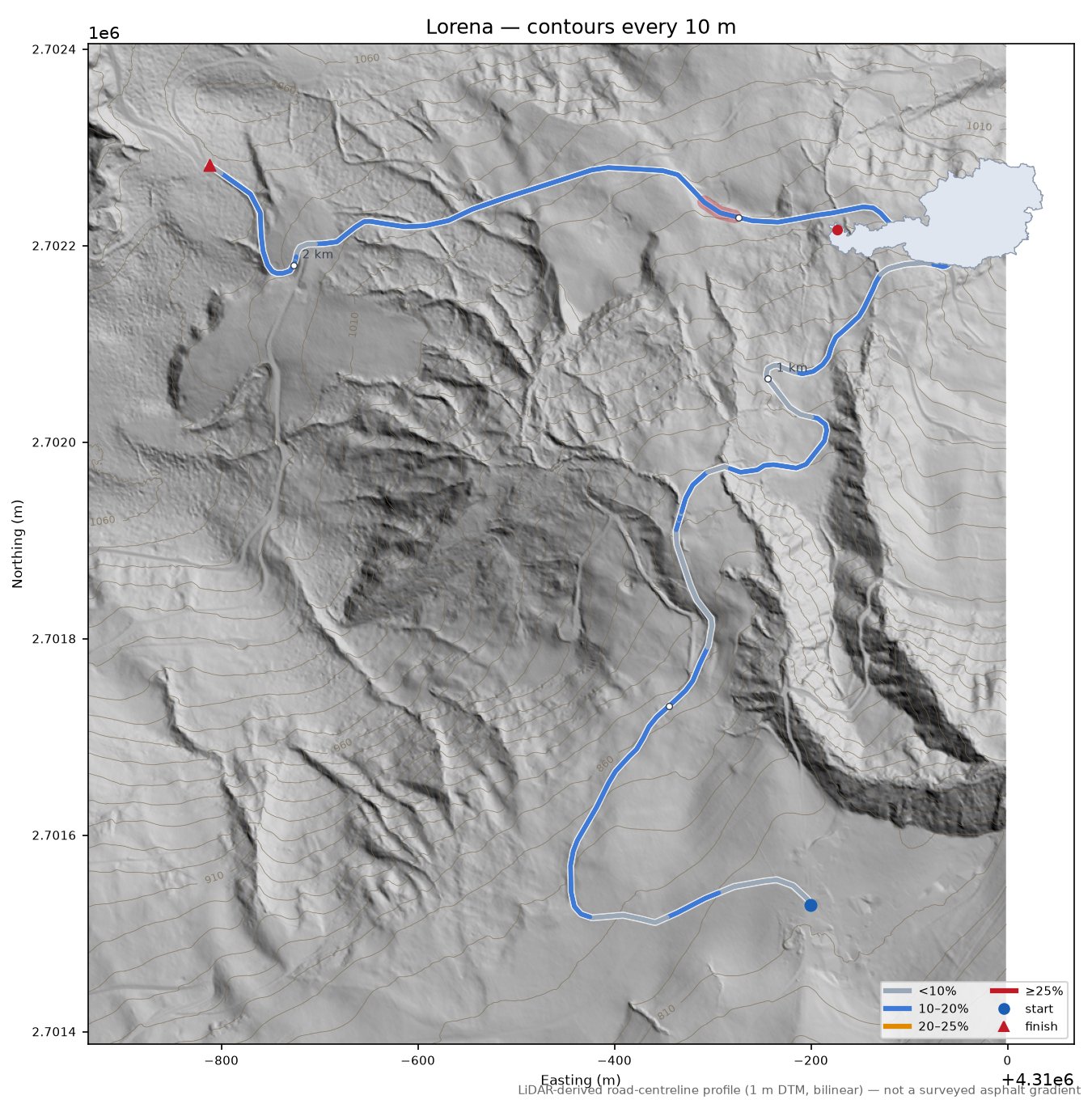 Lorena LiDAR hillshade map with contours
