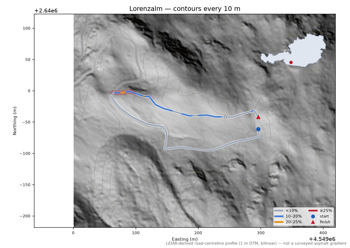 Lorenzalm LiDAR hillshade map with contours
