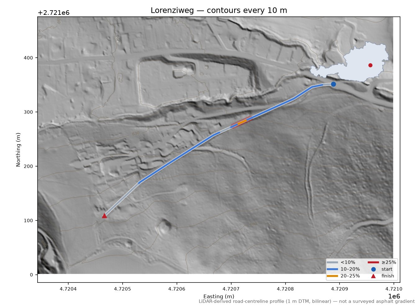 Lorenziweg LiDAR hillshade map with contours