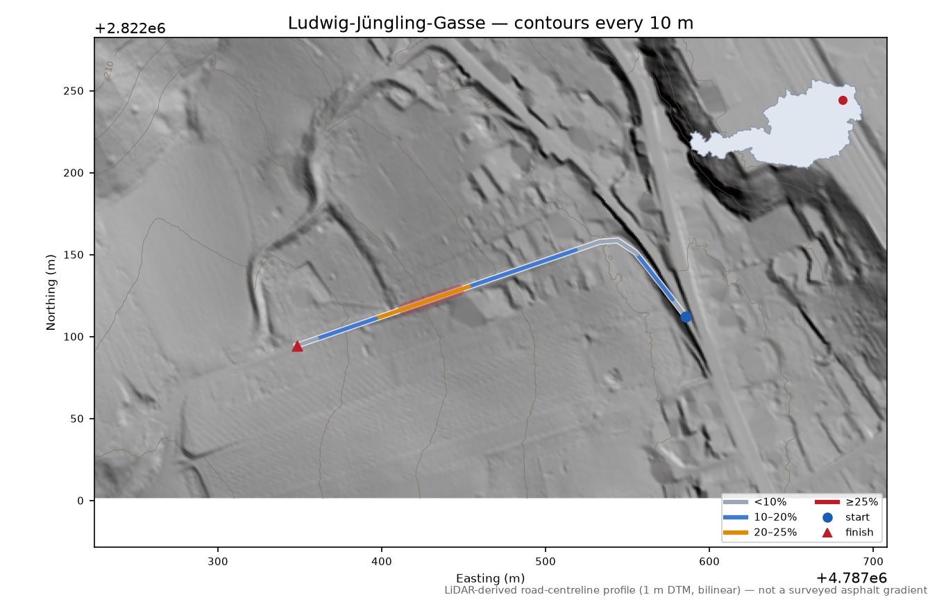Ludwig-Jüngling-Gasse LiDAR hillshade map with contours