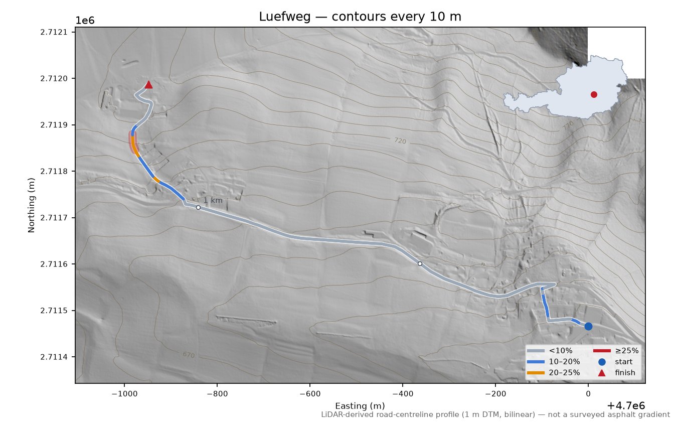 Luefweg LiDAR hillshade map with contours
