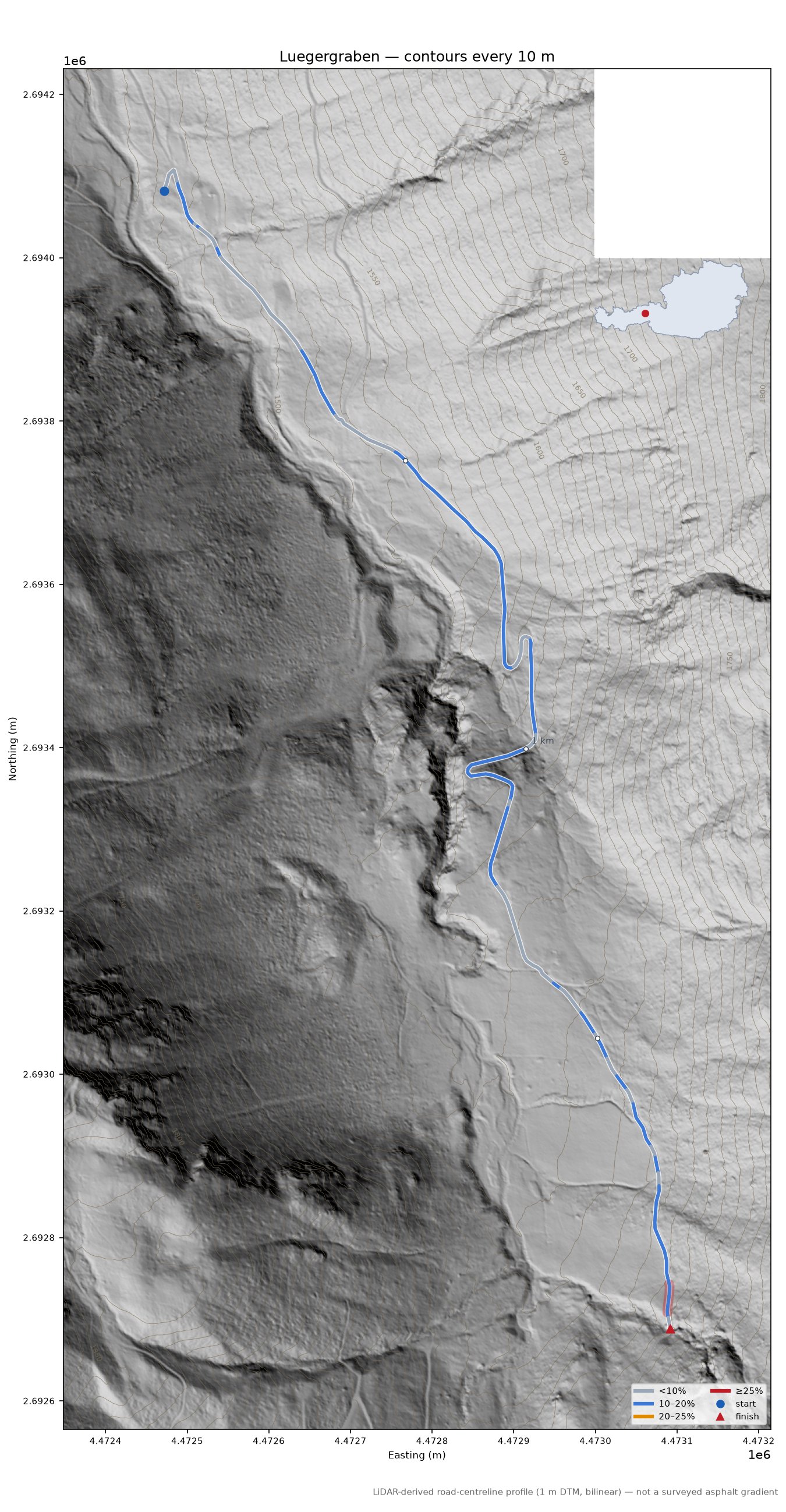 Luegergraben LiDAR hillshade map with contours