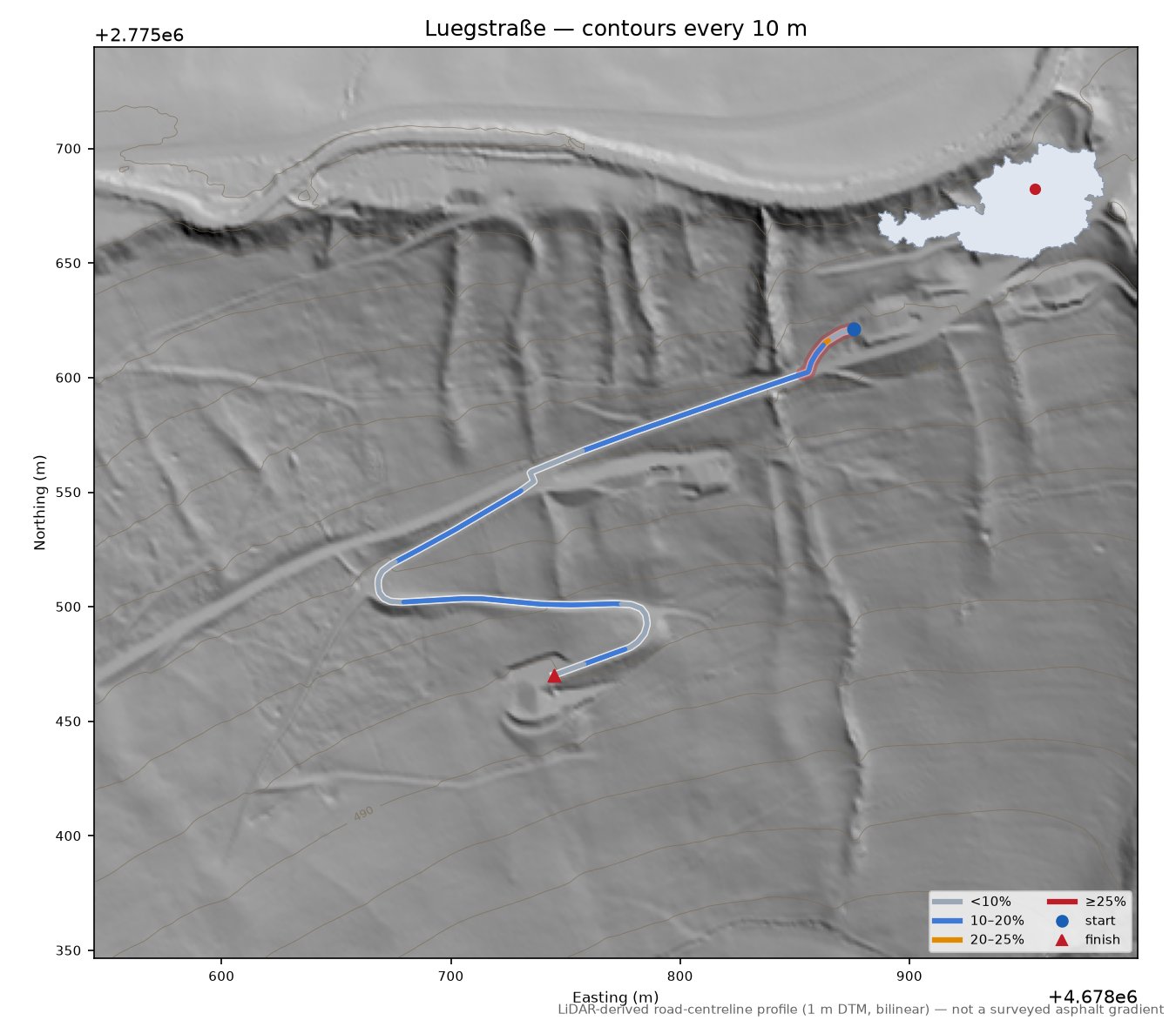 Luegstraße LiDAR hillshade map with contours