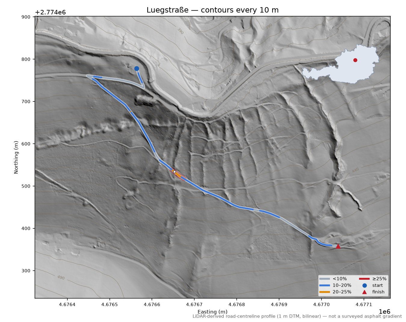 Luegstraße LiDAR hillshade map with contours