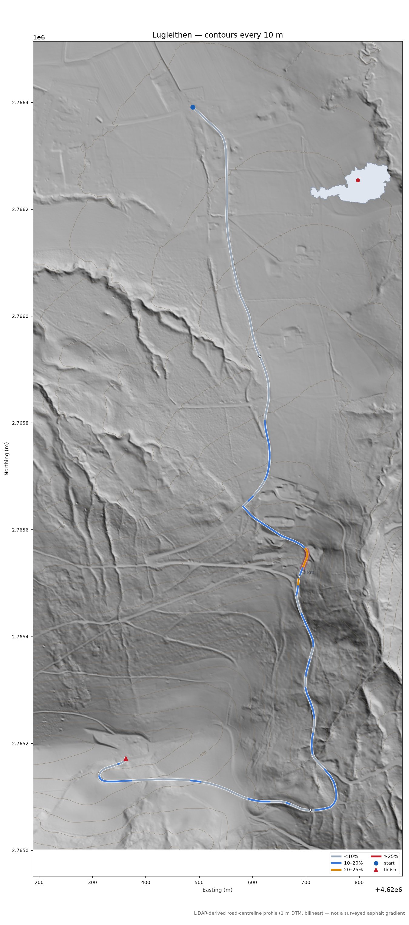 Lugleithen LiDAR hillshade map with contours