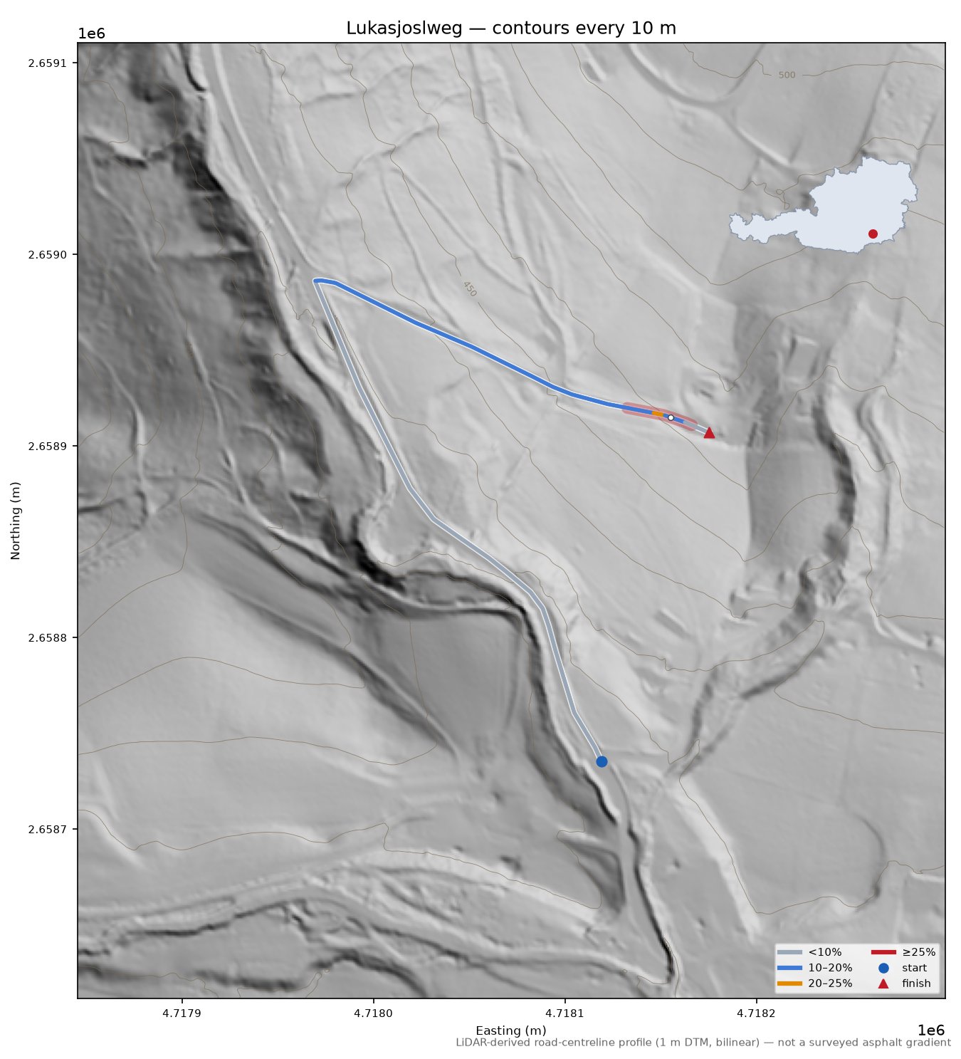 Lukasjoslweg LiDAR hillshade map with contours
