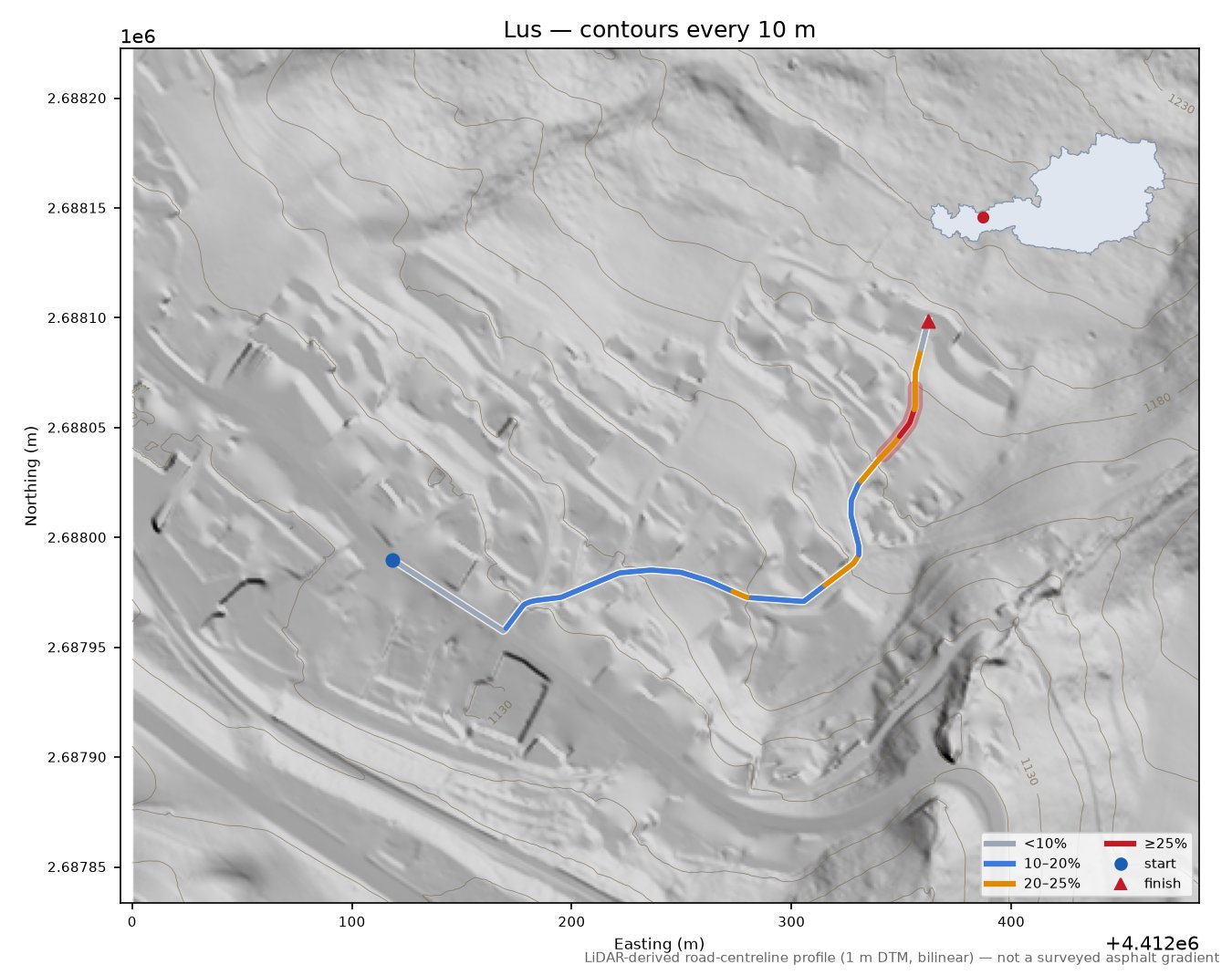 Lus LiDAR hillshade map with contours