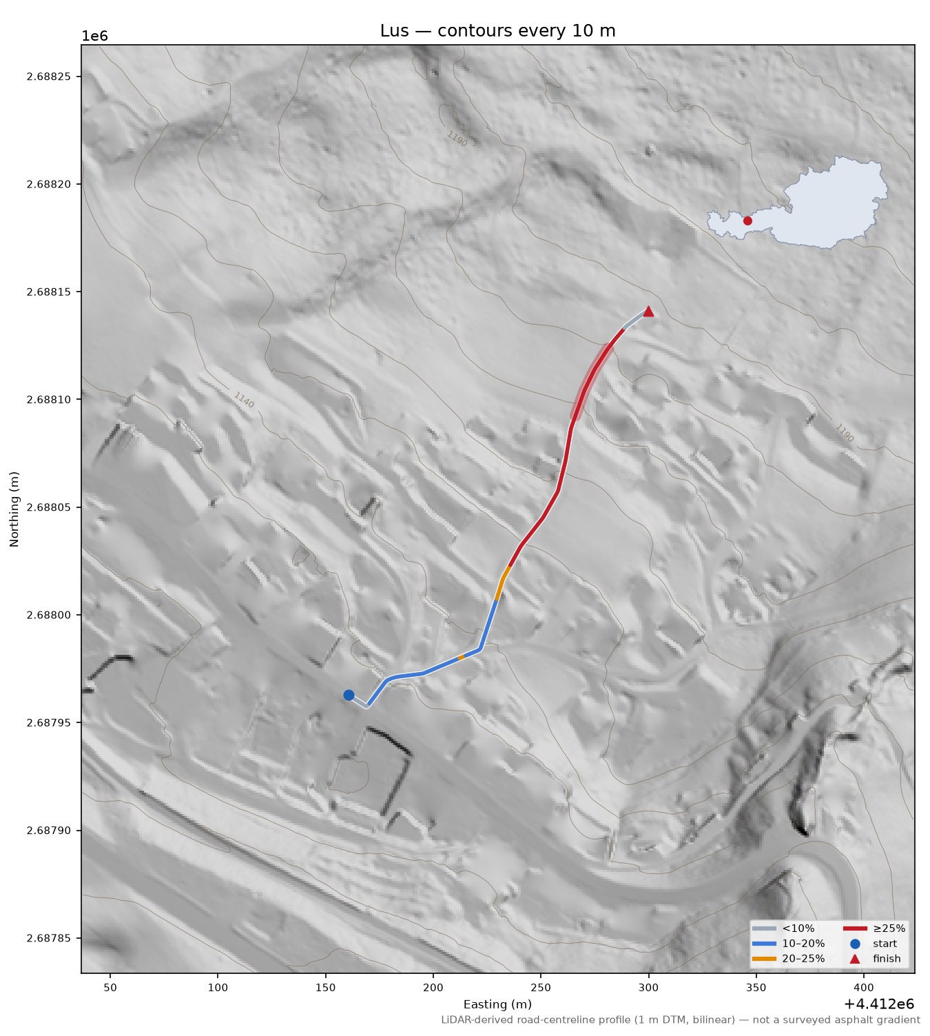Lus LiDAR hillshade map with contours
