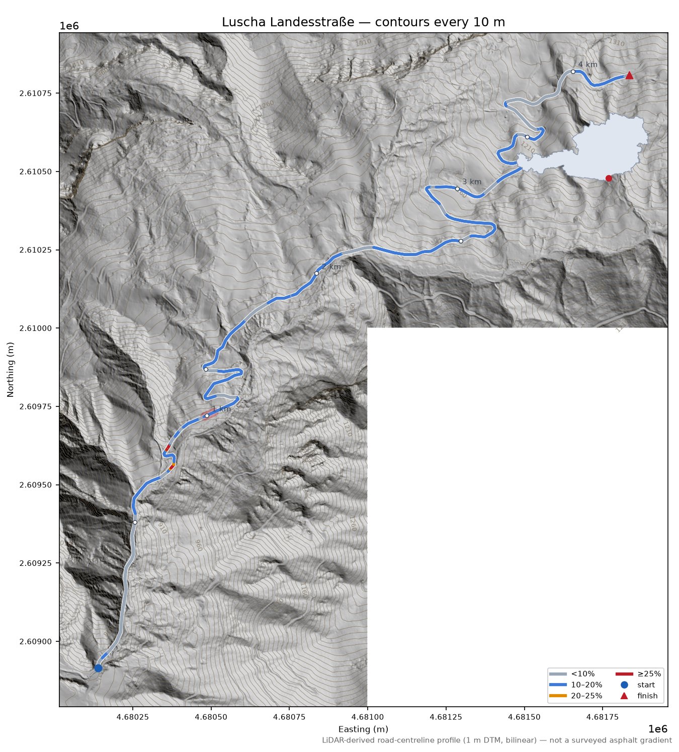 Luscha Landesstraße LiDAR hillshade map with contours