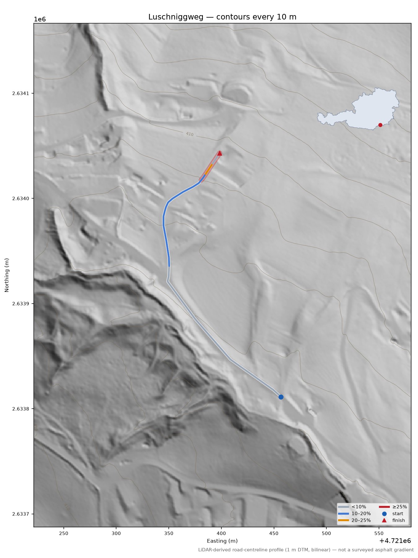 Luschniggweg LiDAR hillshade map with contours