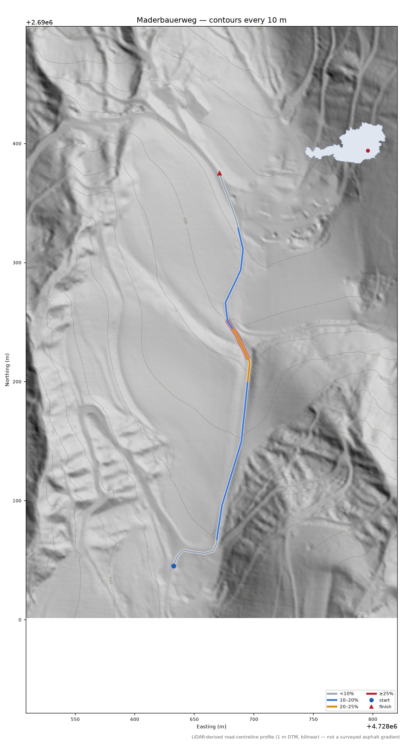 Maderbauerweg LiDAR hillshade map with contours