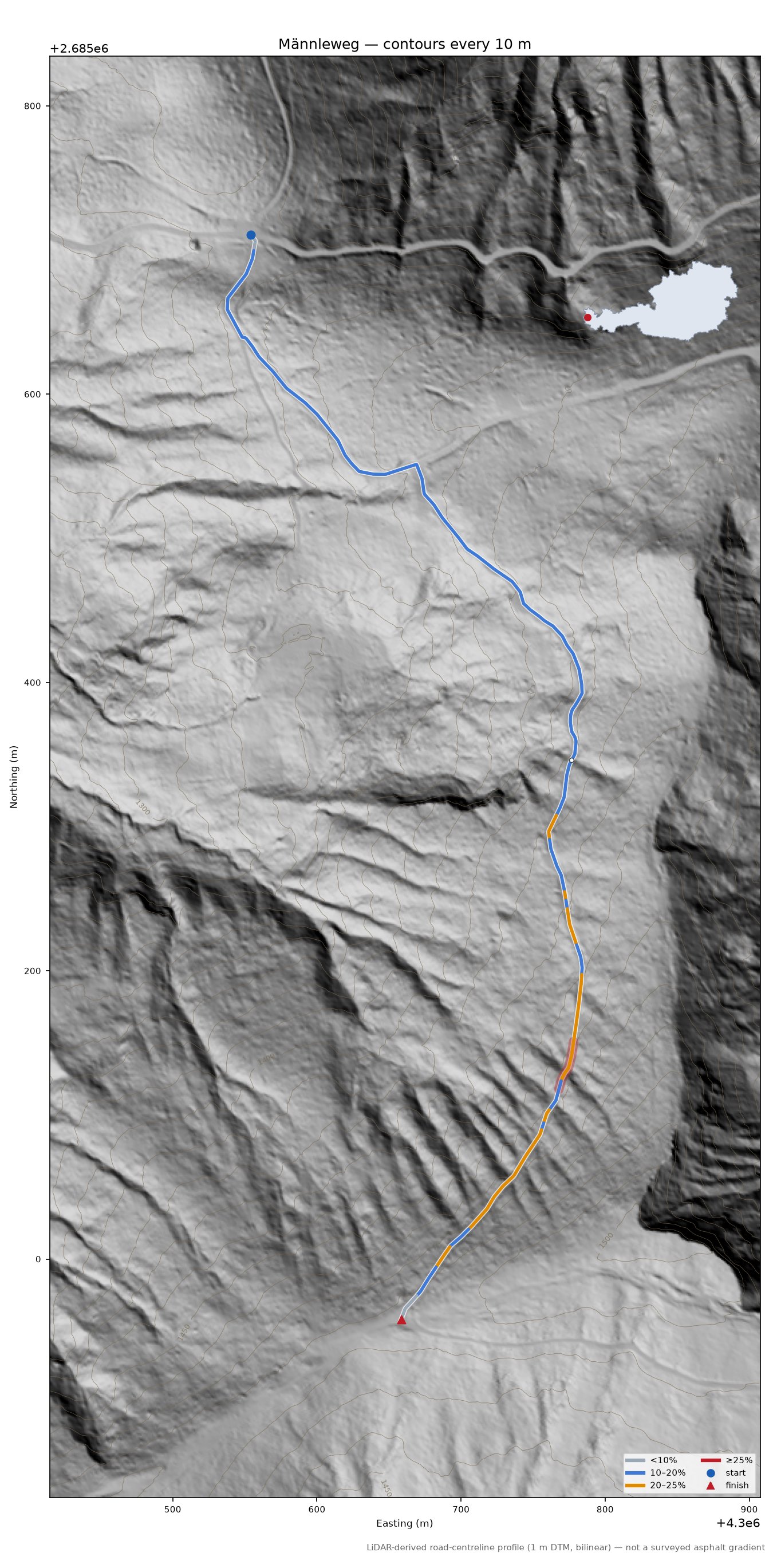 Männleweg LiDAR hillshade map with contours