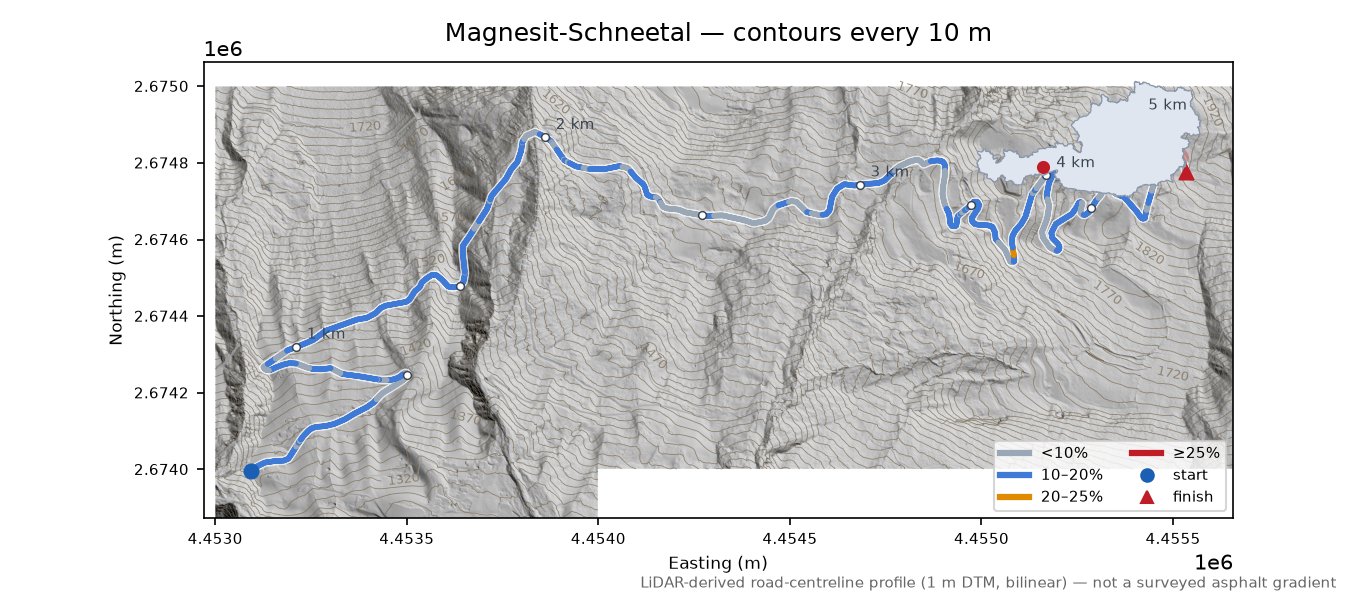 Magnesit-Schneetal LiDAR hillshade map with contours