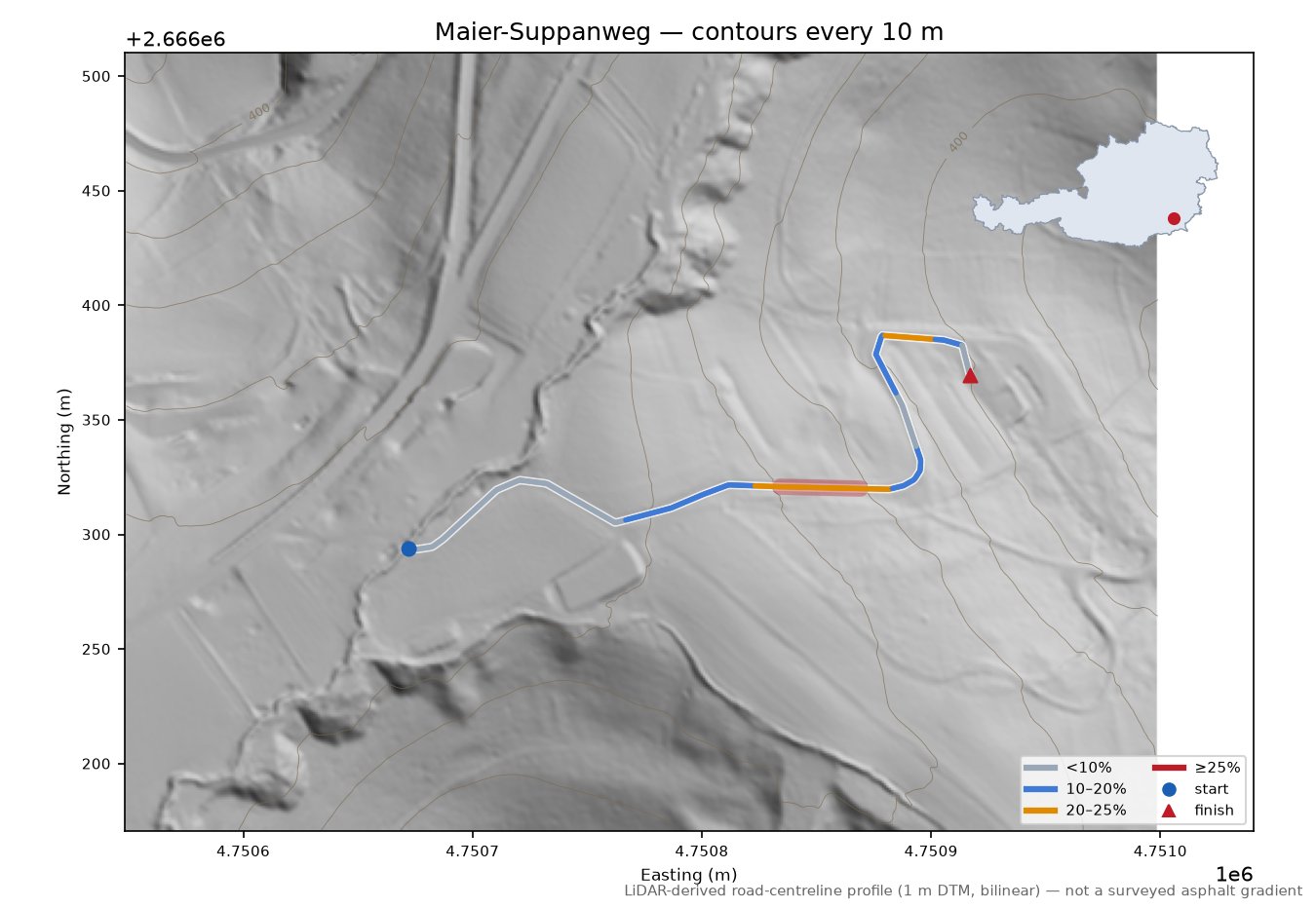 Maier-Suppanweg LiDAR hillshade map with contours