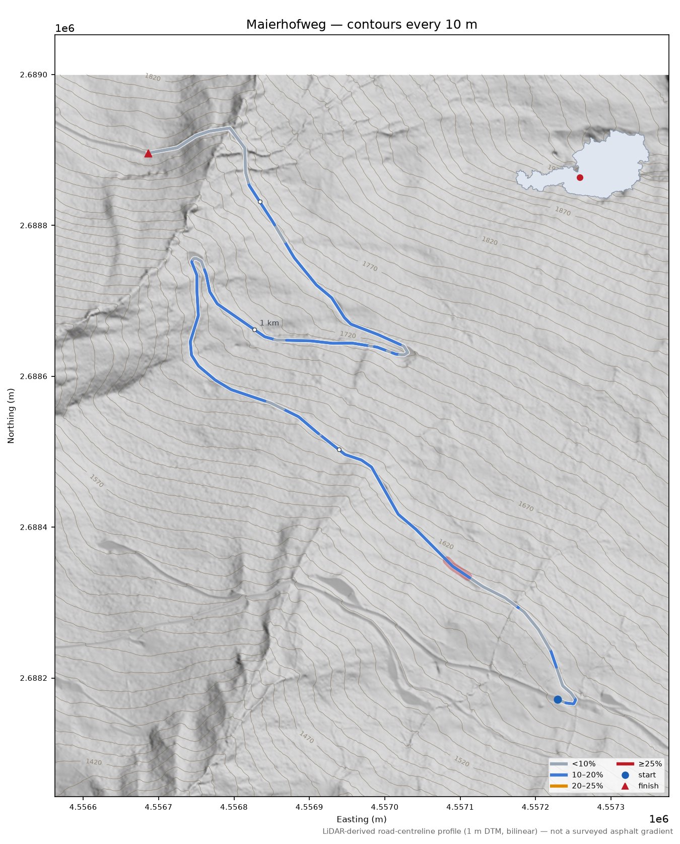 Maierhofweg LiDAR hillshade map with contours
