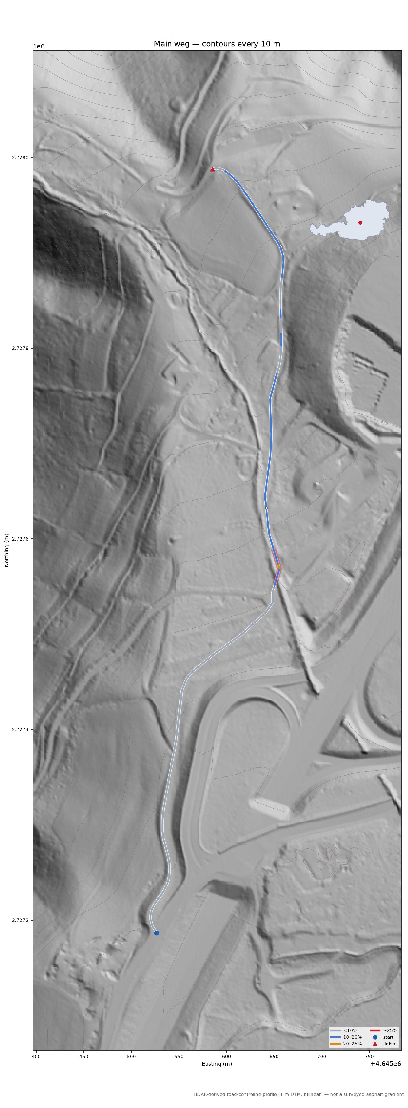 Mainlweg LiDAR hillshade map with contours