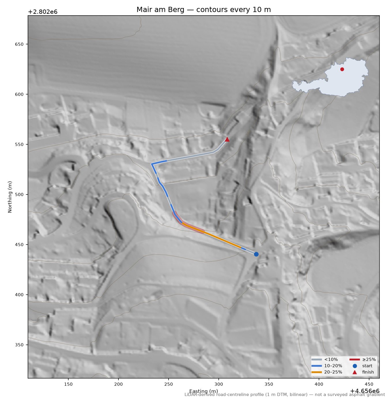 Mair am Berg LiDAR hillshade map with contours