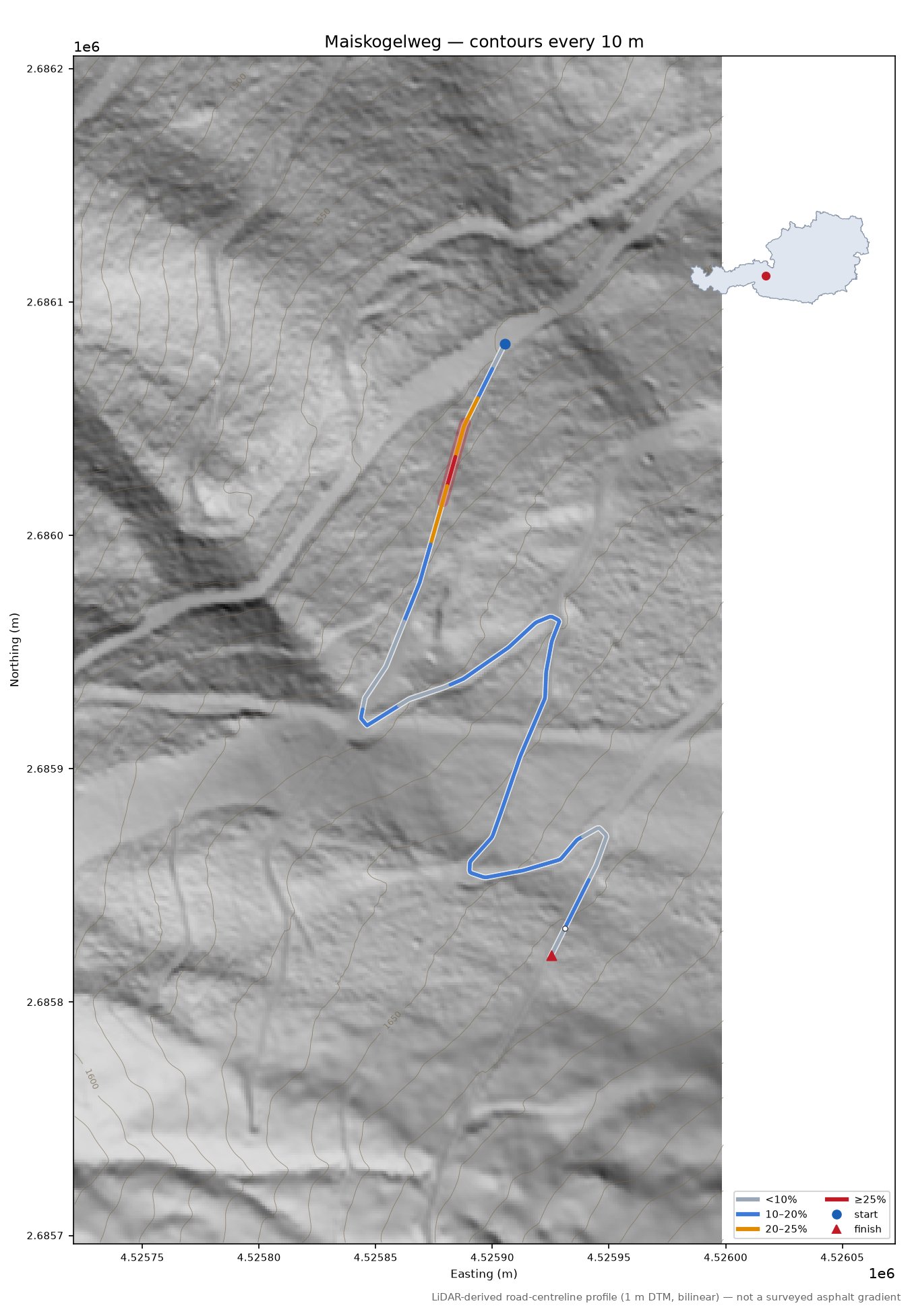 Maiskogelweg LiDAR hillshade map with contours