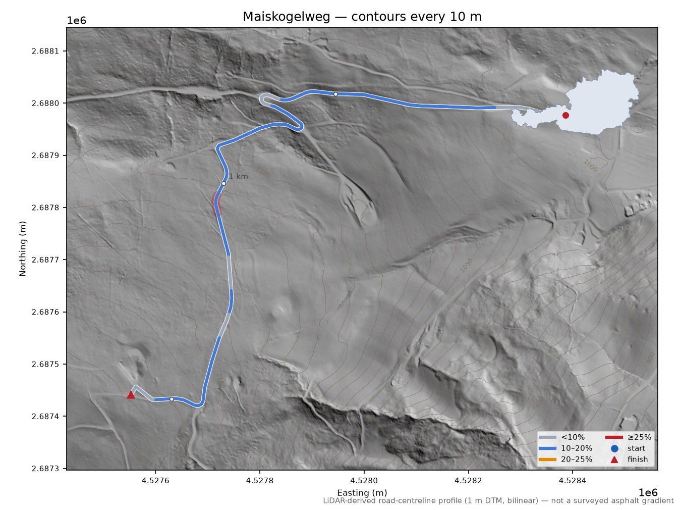 Maiskogelweg LiDAR hillshade map with contours