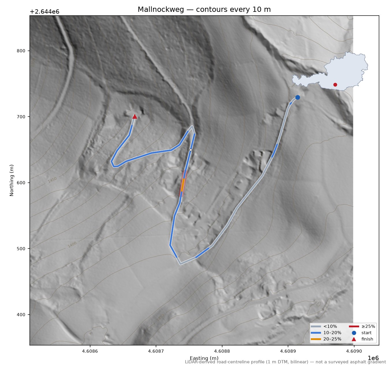 Mallnockweg LiDAR hillshade map with contours