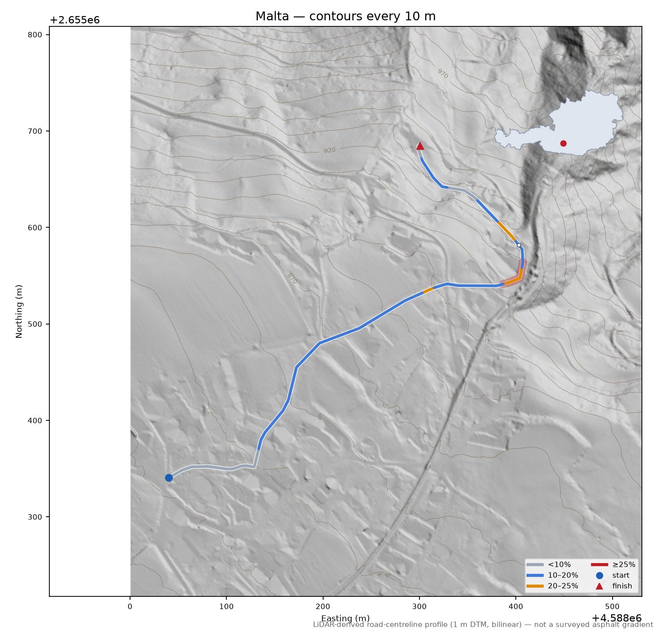 Malta LiDAR hillshade map with contours