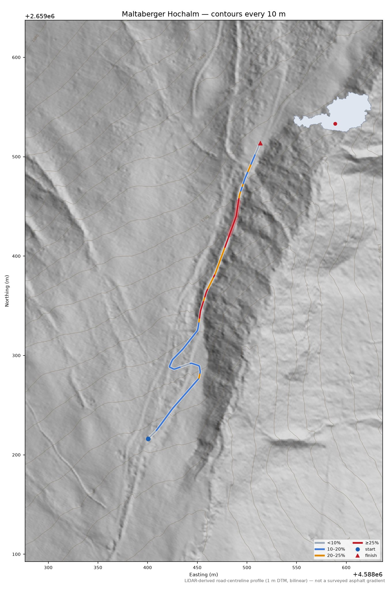 Maltaberger Hochalm LiDAR hillshade map with contours
