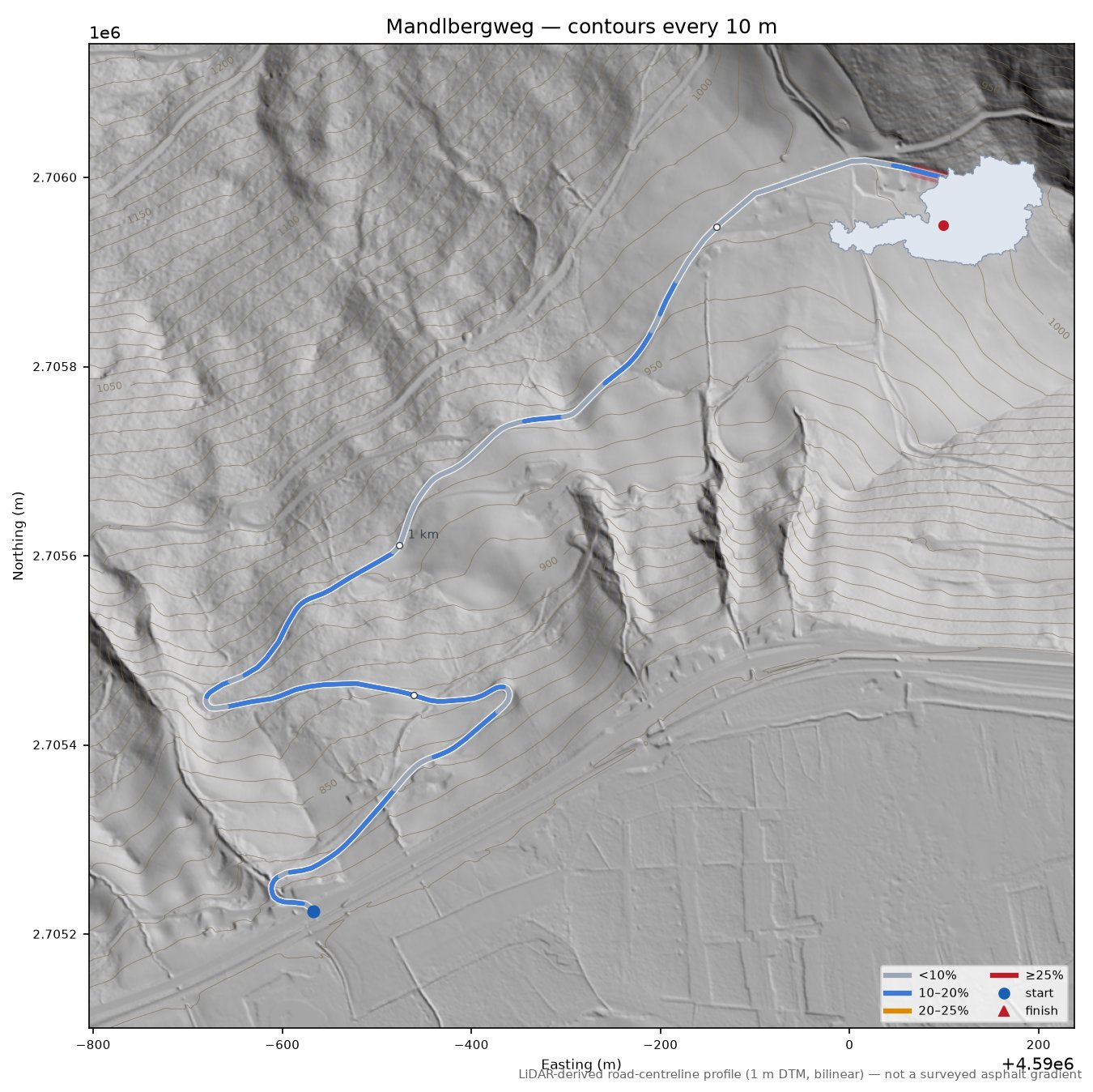 Mandlbergweg LiDAR hillshade map with contours
