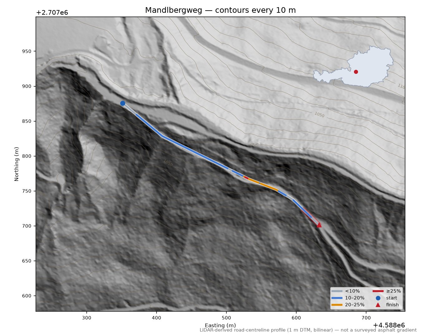 Mandlbergweg LiDAR hillshade map with contours