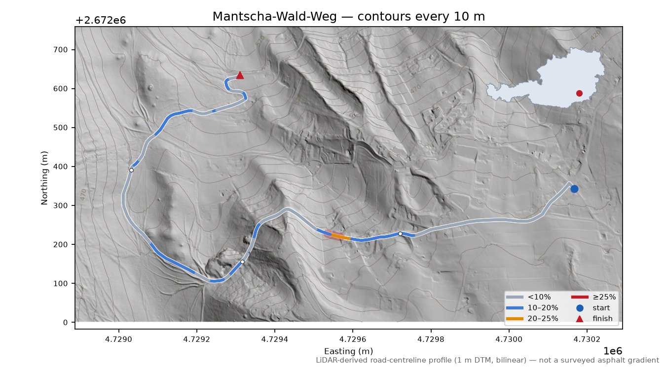 Mantscha-Wald-Weg LiDAR hillshade map with contours
