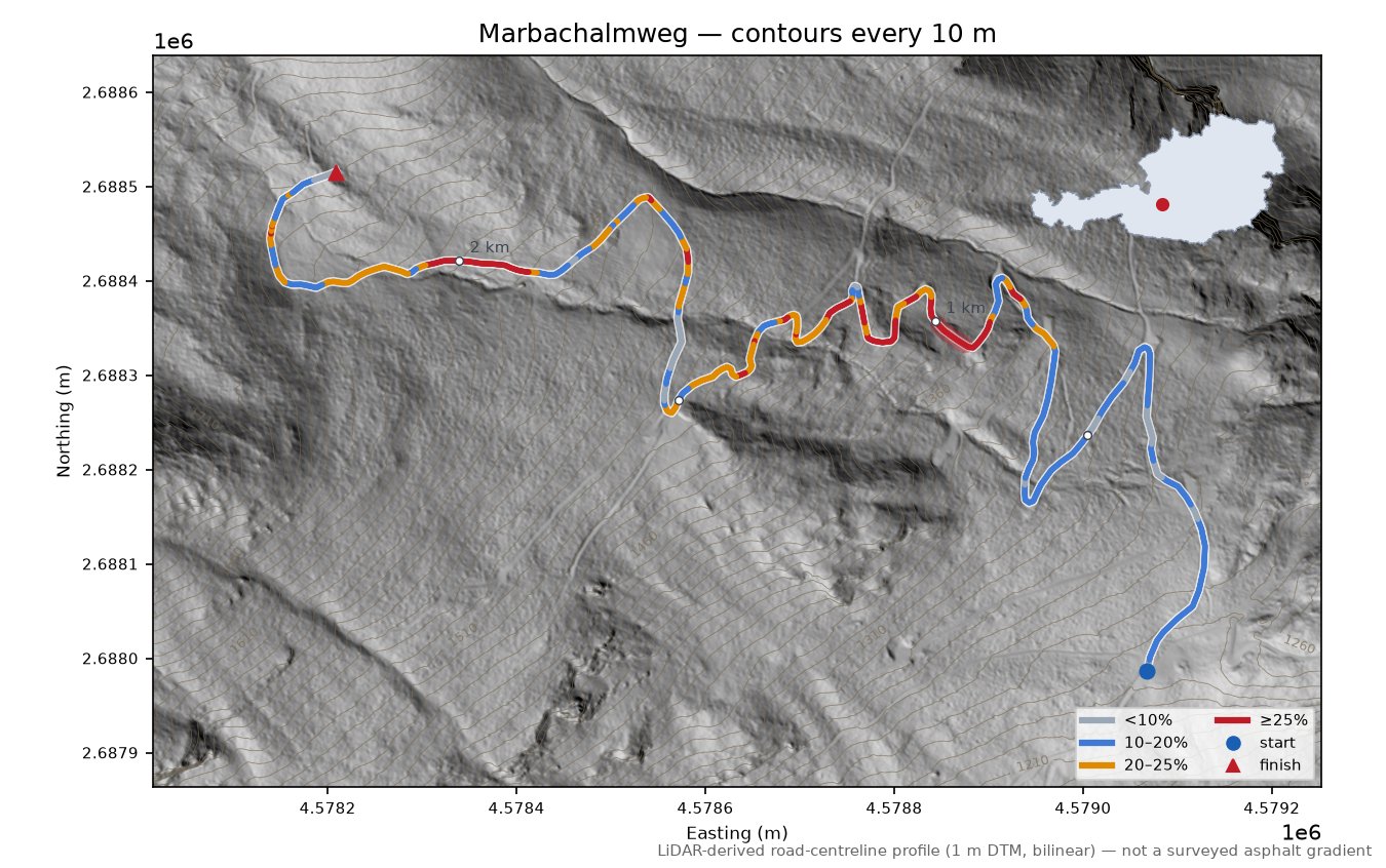 Marbachalmweg LiDAR hillshade map with contours
