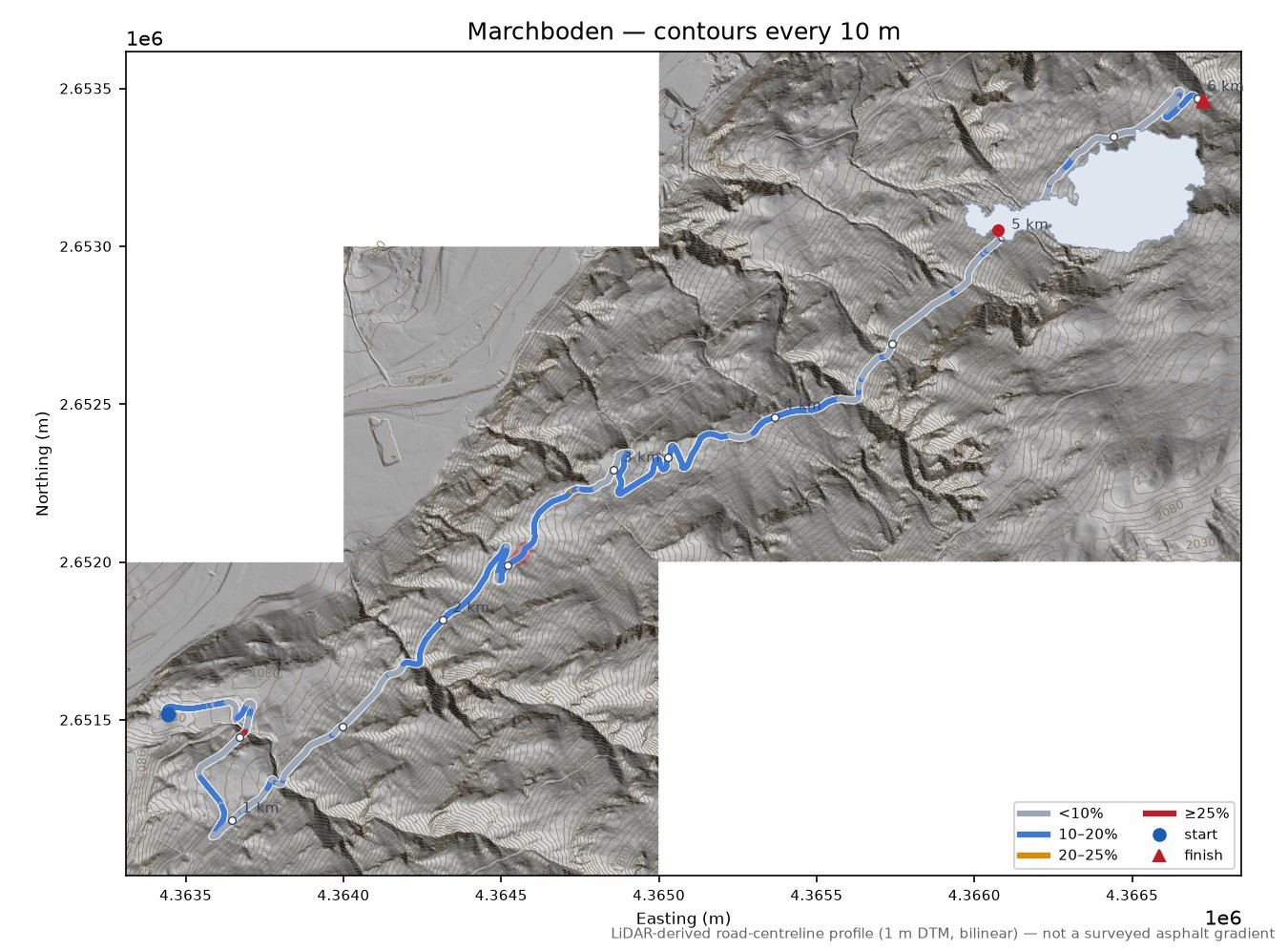 Marchboden LiDAR hillshade map with contours