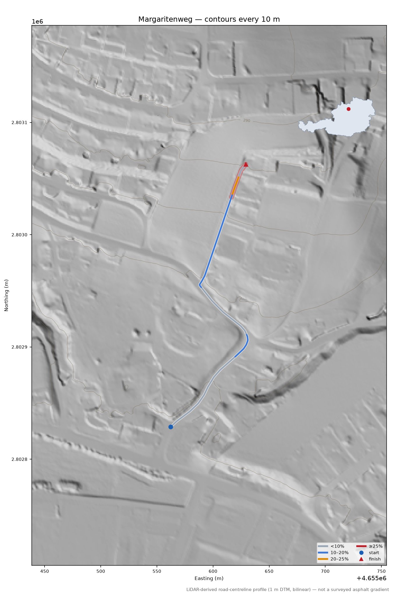 Margaritenweg LiDAR hillshade map with contours