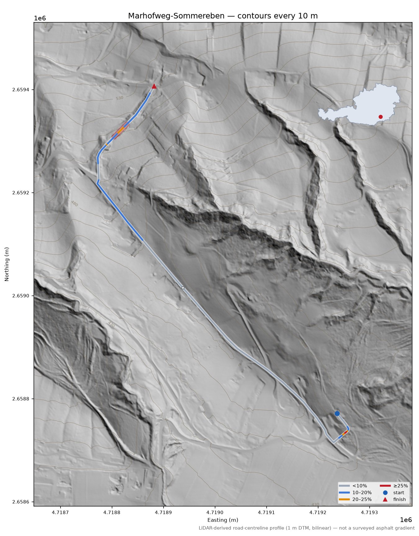 Marhofweg-Sommereben LiDAR hillshade map with contours
