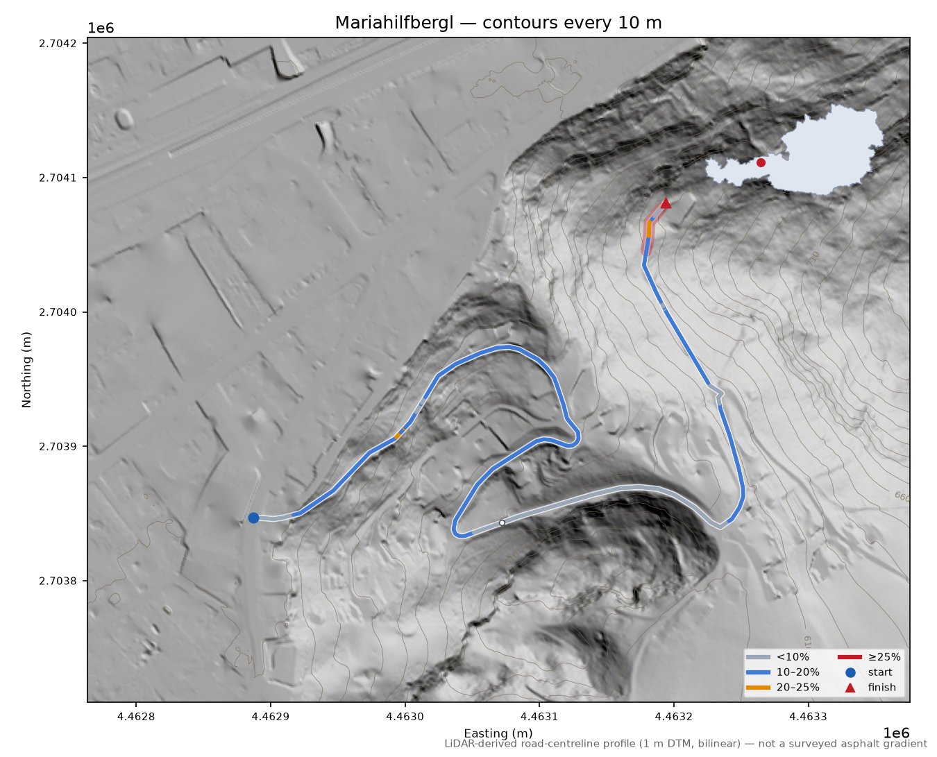 Mariahilfbergl LiDAR hillshade map with contours