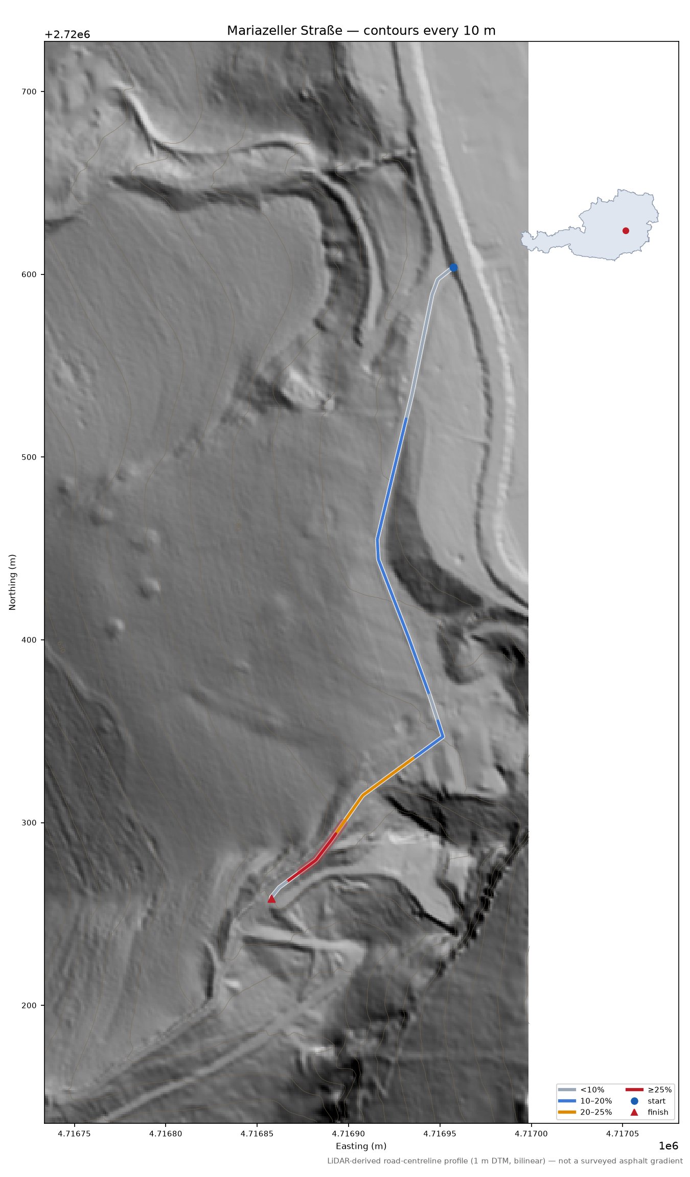 Mariazeller Straße LiDAR hillshade map with contours