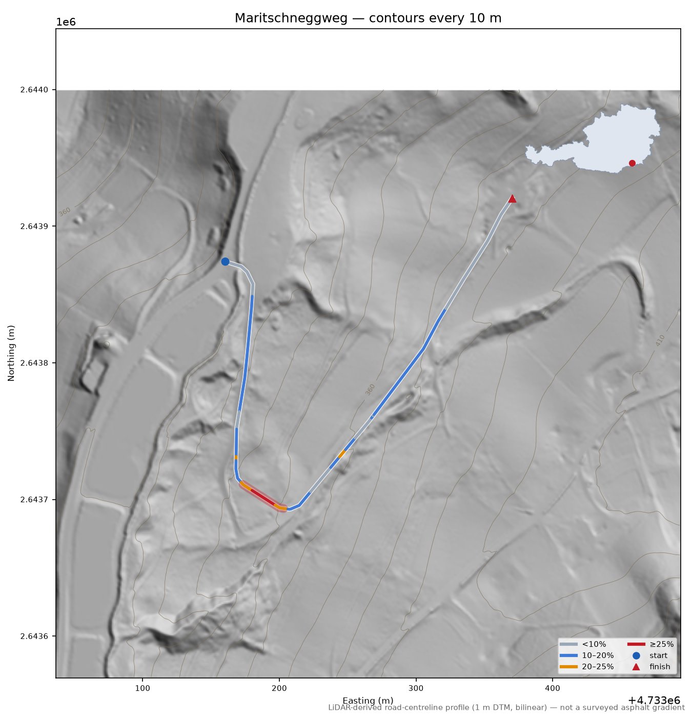 Maritschneggweg LiDAR hillshade map with contours