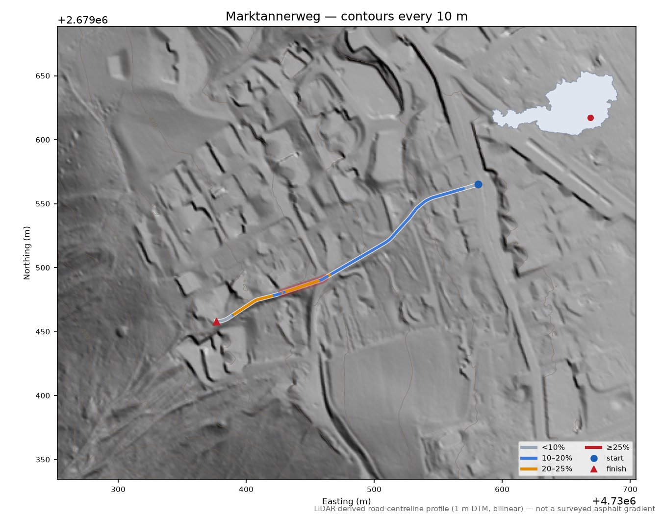 Marktannerweg LiDAR hillshade map with contours