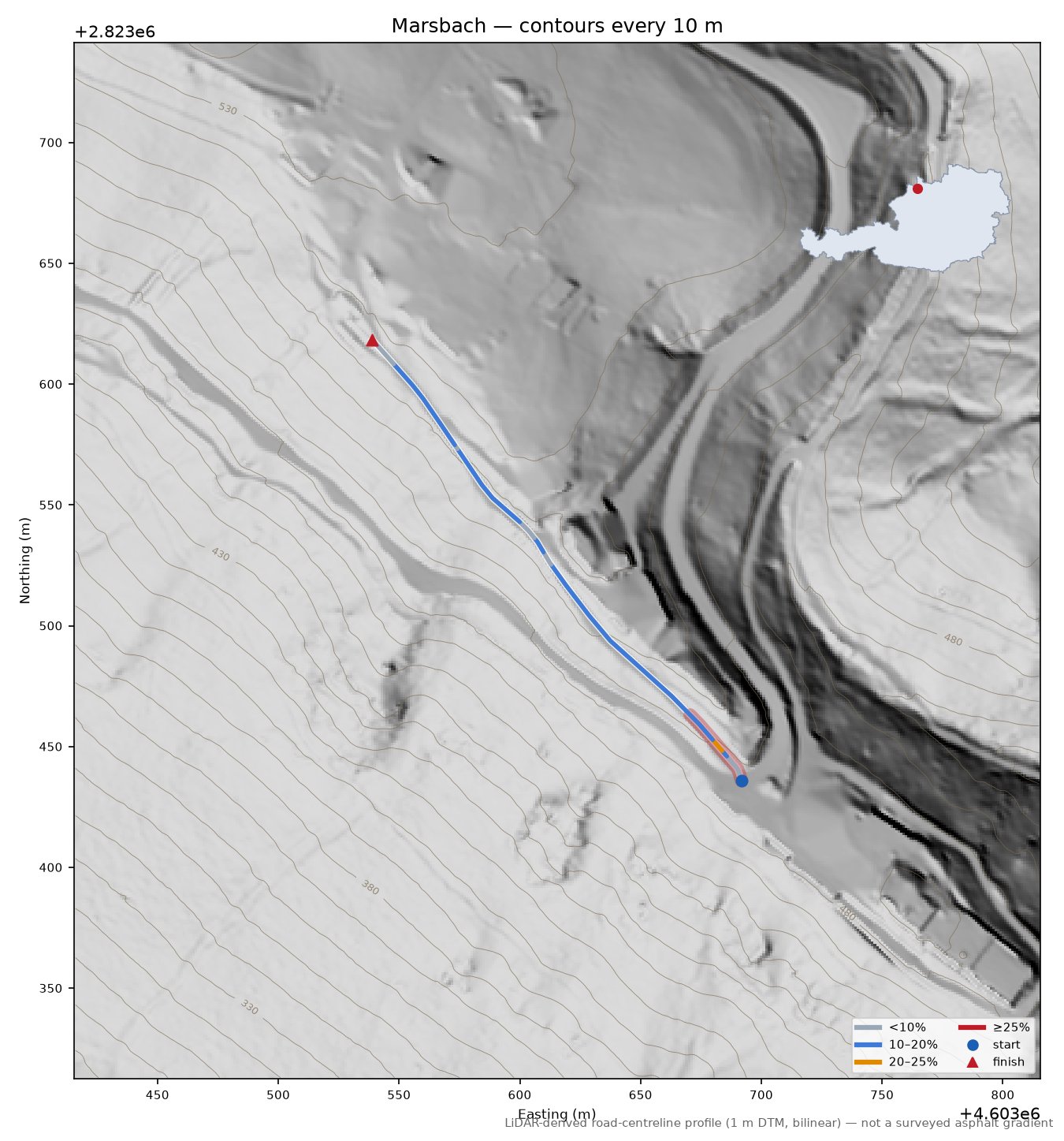 Marsbach LiDAR hillshade map with contours