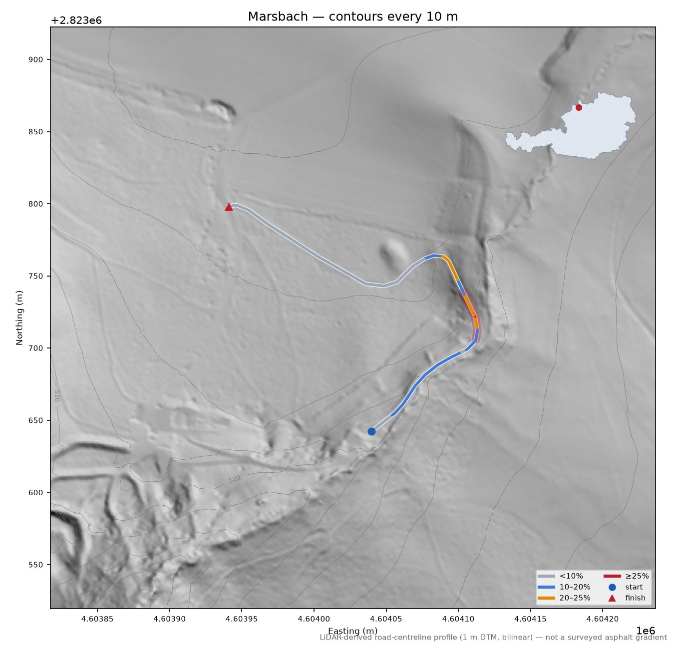 Marsbach LiDAR hillshade map with contours