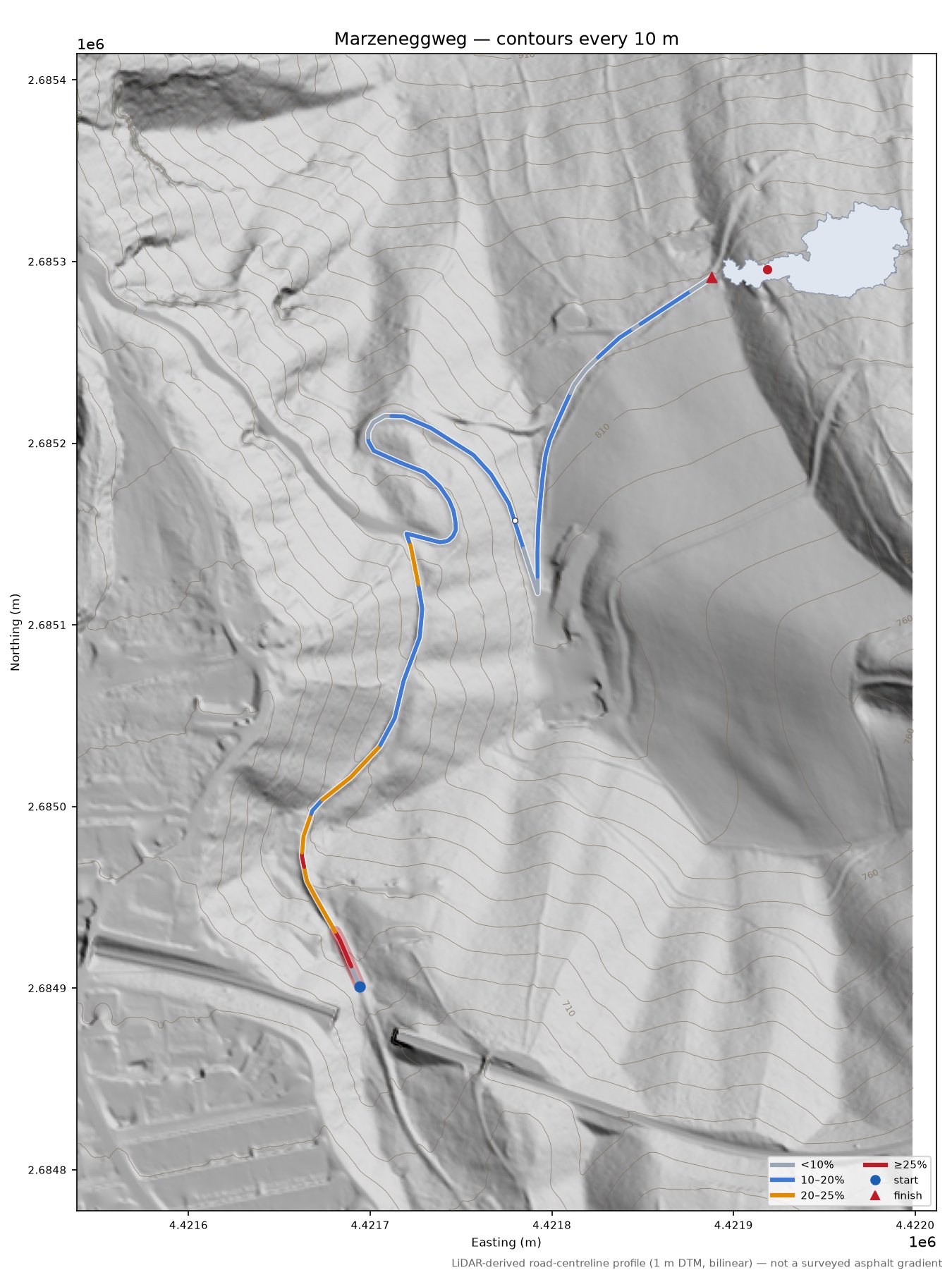 Marzeneggweg LiDAR hillshade map with contours