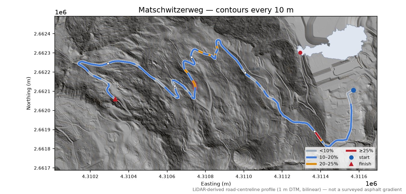 Matschwitzerweg LiDAR hillshade map with contours