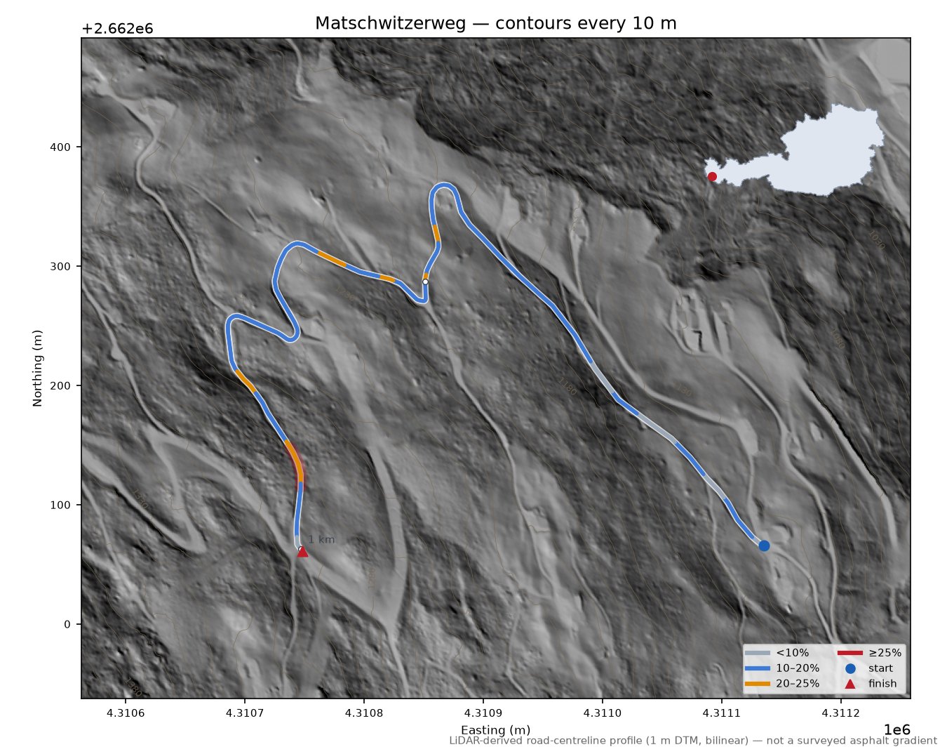 Matschwitzerweg LiDAR hillshade map with contours