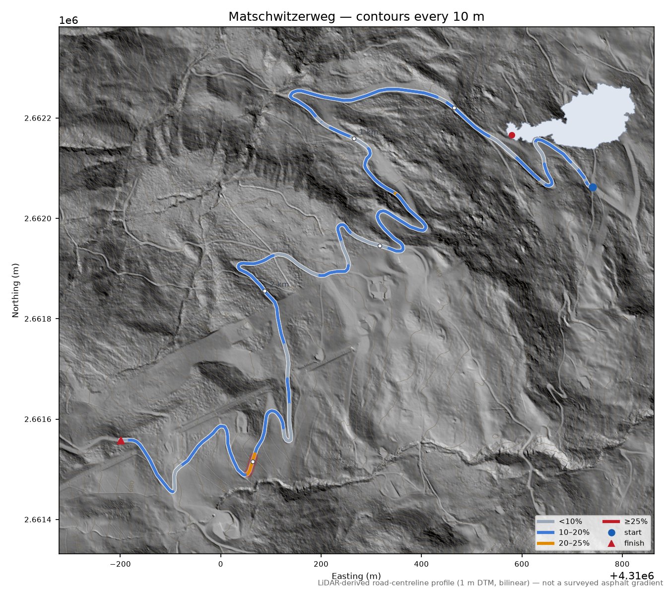 Matschwitzerweg LiDAR hillshade map with contours