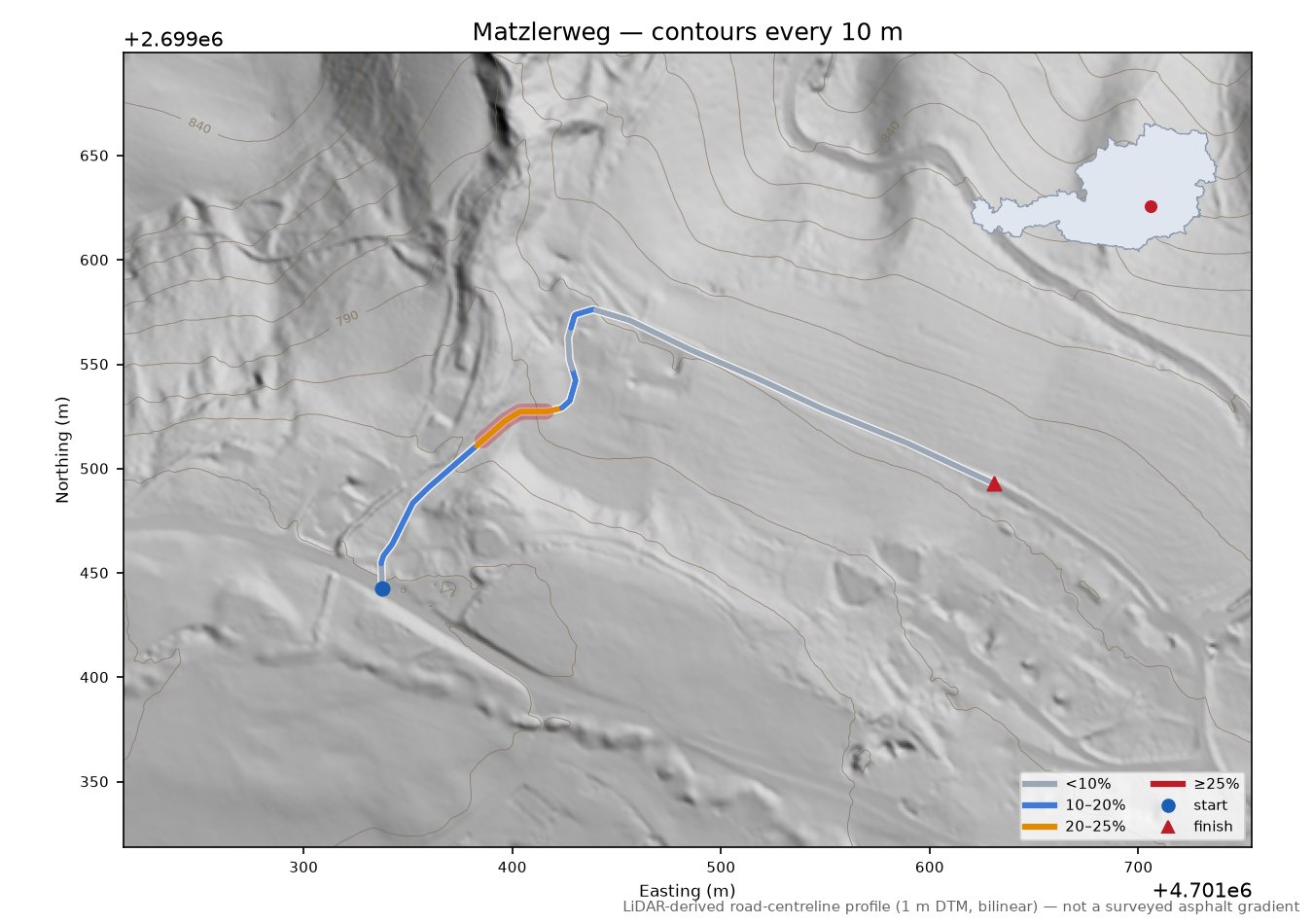 Matzlerweg LiDAR hillshade map with contours