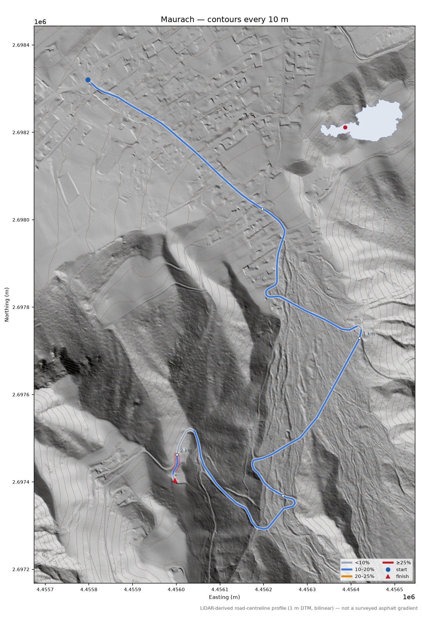 Maurach LiDAR hillshade map with contours