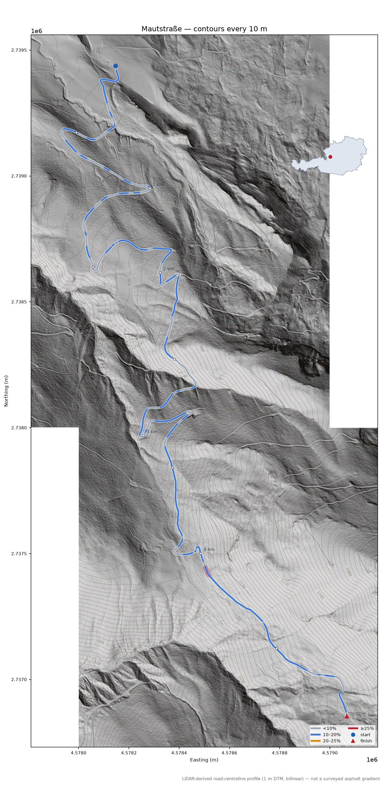 Mautstraße LiDAR hillshade map with contours