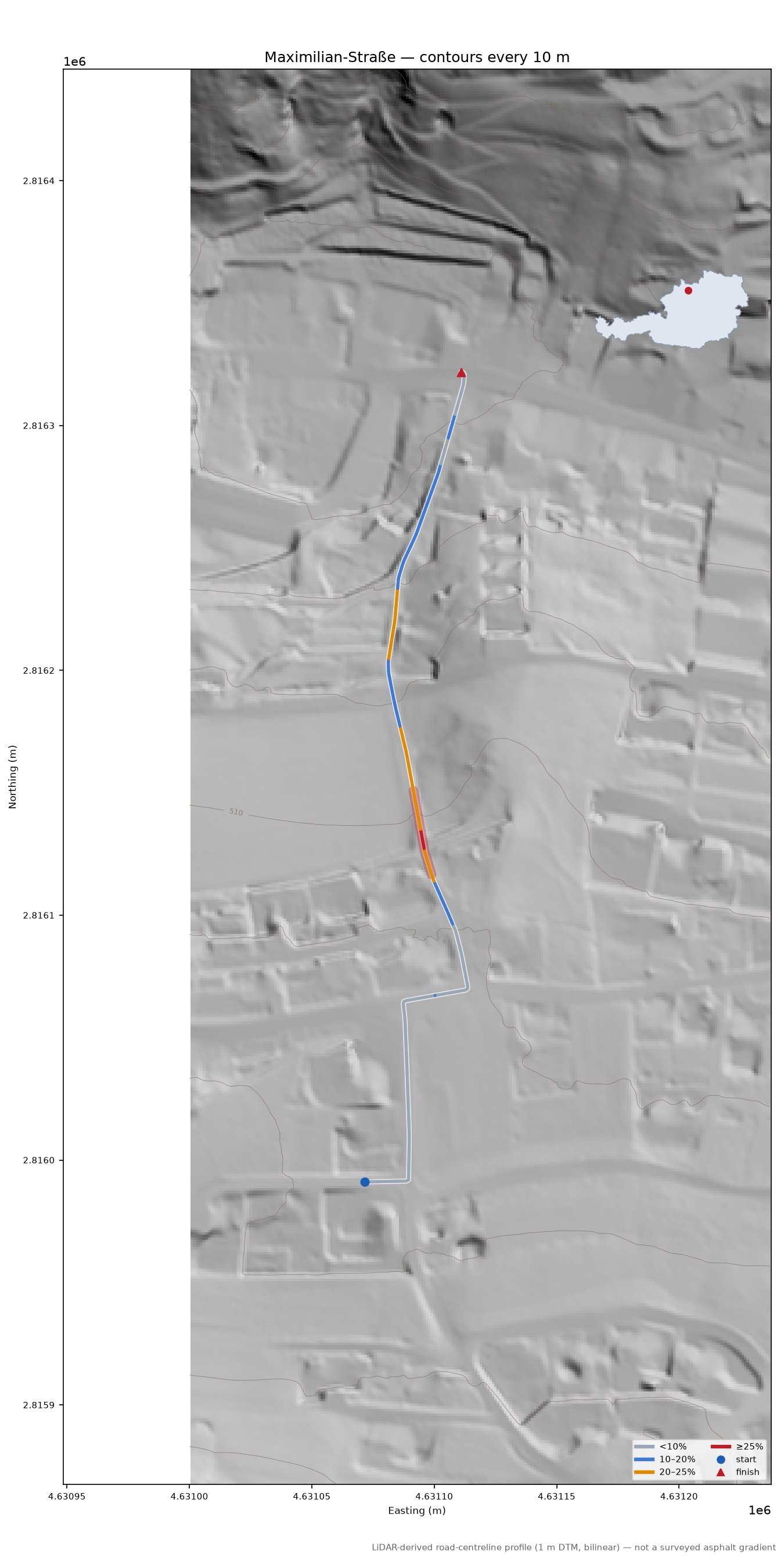 Maximilian-Straße LiDAR hillshade map with contours