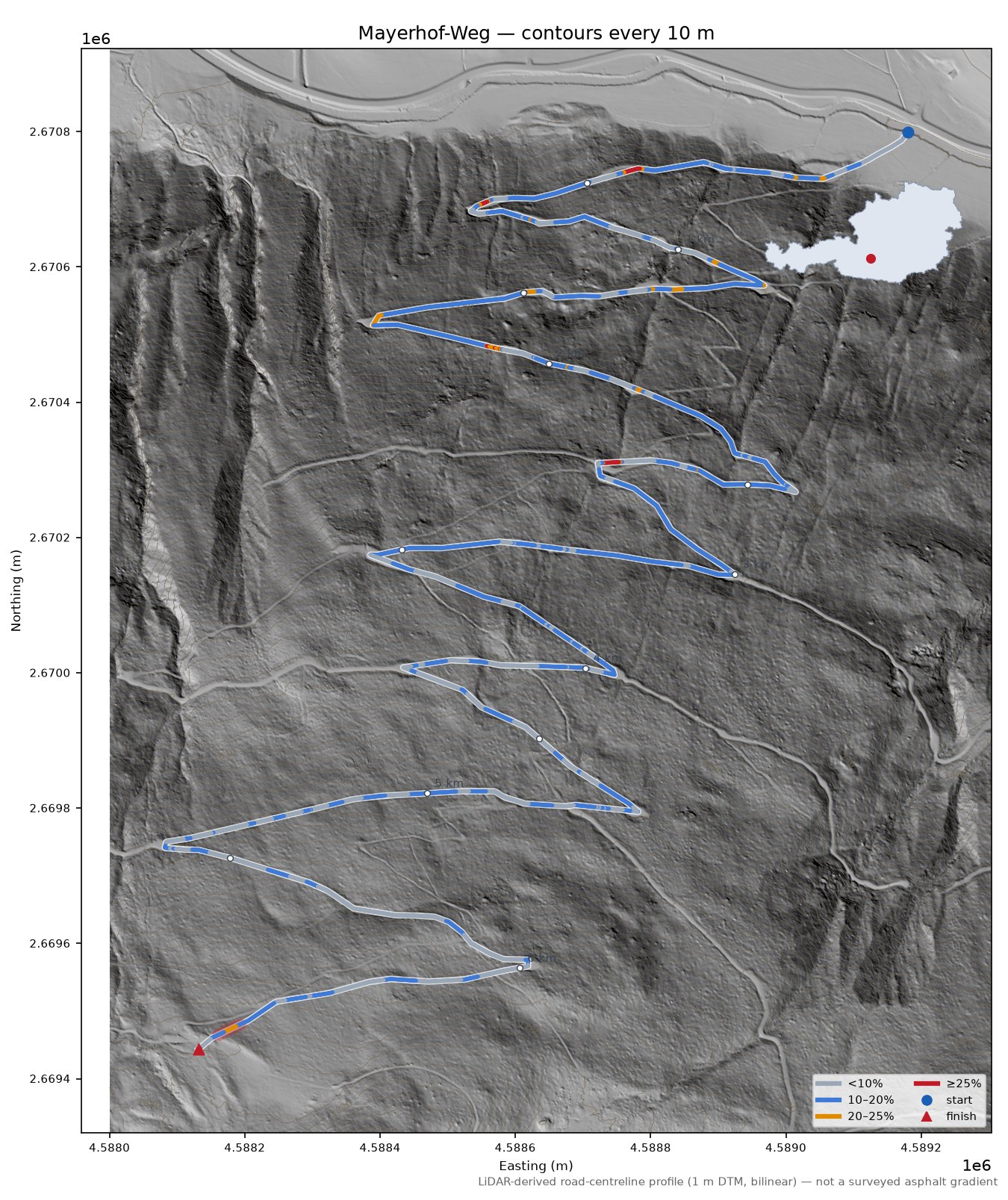 Mayerhof-Weg LiDAR hillshade map with contours