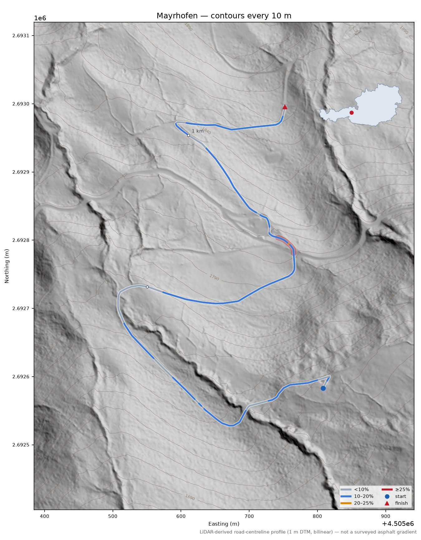 Mayrhofen LiDAR hillshade map with contours