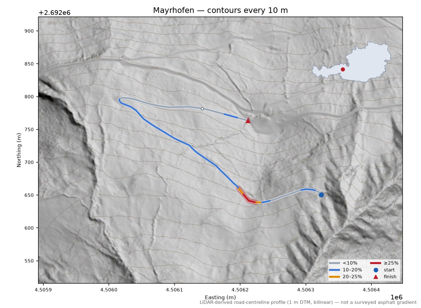 Mayrhofen LiDAR hillshade map with contours